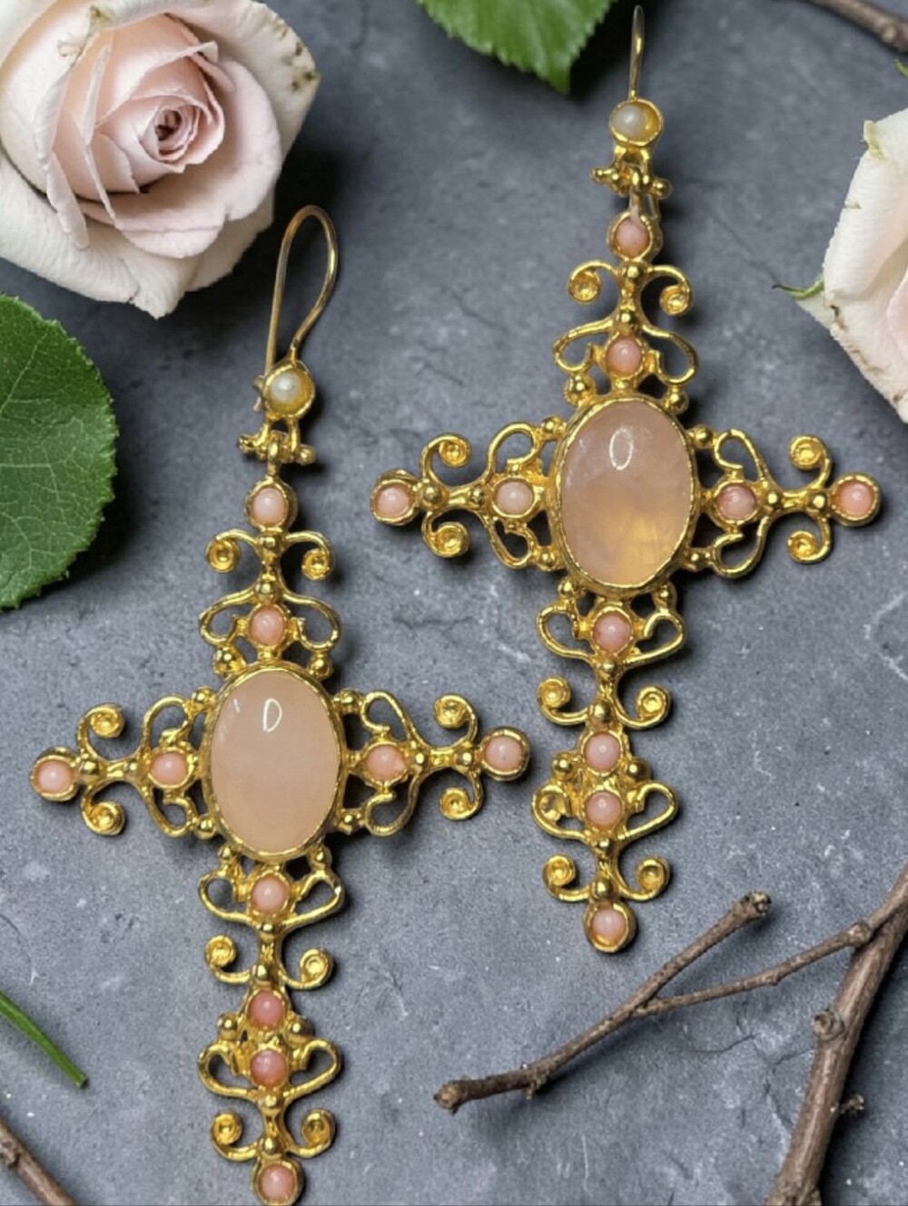 18k Gold Plated Artisan Ornate Baroque Rose Quartz Crystal Cross Earrings